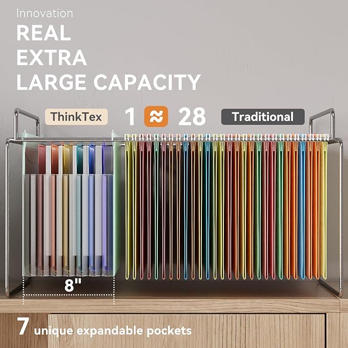 ThinkTex Plastic Expanding Hanging File Folders, 7 Innovative 1.2" Accordion Pockets, Large Capacity, Multi-Color Tabs, Letter Size for Filing Cabinet - Green