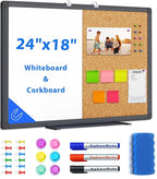 maxtek Combination White Board & Bulletin Cork Board 24 x 18 Whiteboard Magnetic, Combo Dry Erase Board with Black Aluminum Frame, 2' x 1.5' Hanging Message Board Wall Mounted for Homeschool Office