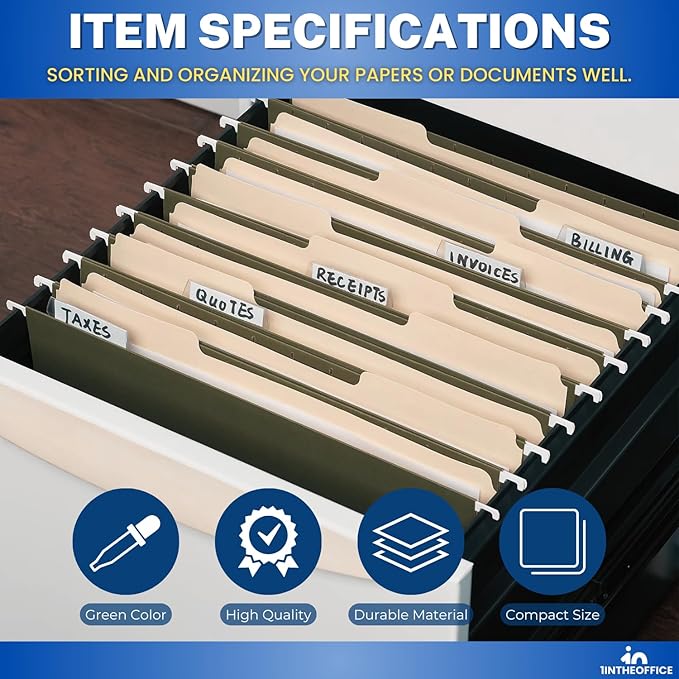 1InTheOffice Green Hanging File Folders Letter Size, Hanging Organizer File Folders, File Cabinet Folders, 1/5 Tabs, 11 pt, 50 Pack