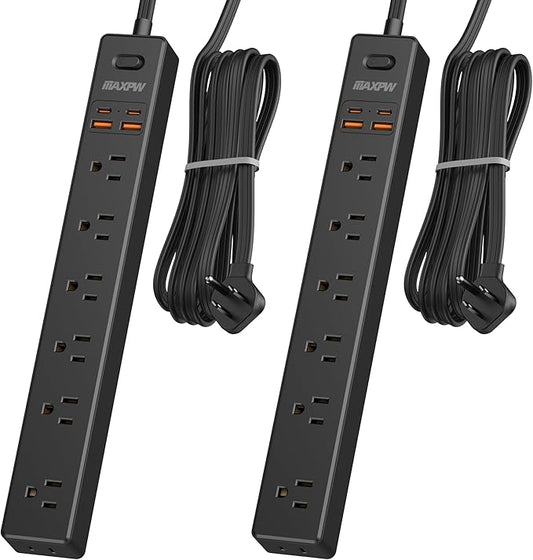 2 Pack Power Strip Surge Protector - 7 Outlets 4 USB Ports (2 USB C), Maxpw 10 Ft Ultra Thin Flat Plug Extension Cord, 1875W/15A, 1700 Joules, Wall Mount for Home Office Dorm, Black
