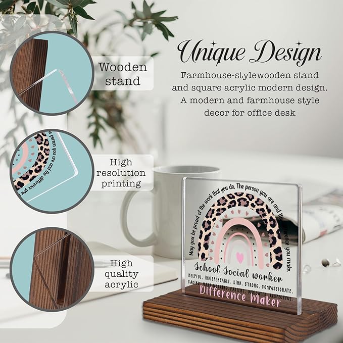 School Social Worker Appreciation Gift Desk Decor, Leopard Rainbow Difference Maker Plaque for Counselors, Support Staff, and Mental Health Advocates PA077