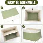 Large 17" 42 Quarts Collapsible Stackable Storage Bins with Lids [3-Pack] Foldable Fabric Linen Storage Boxes Cube, Closet Organizer Baskets with Label for Home (16.7 x 12 x 12", Green & White)