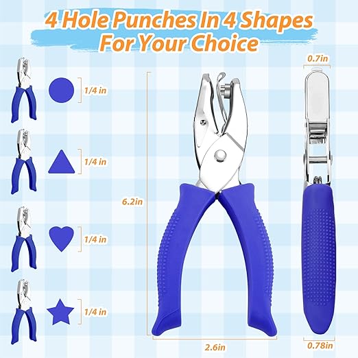 4 Packs Shape Hole Punch Set - 1/4" Circle, Heart, Star, Triangle Puncher with Soft Grip for Binder, Scrapbooking, Cards | Paper Craft Tools with Storage Slot & Reinforcement Stickers (Blue)