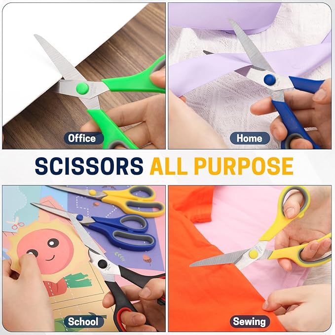 5-Pack, 8" Scissors All Purpose Comfort-Grip Handles Sharp Scissors for Office Home School Craft Sewing Fabric Supplies, High/Middle School Student Teacher Scissor, Right/Left Handed