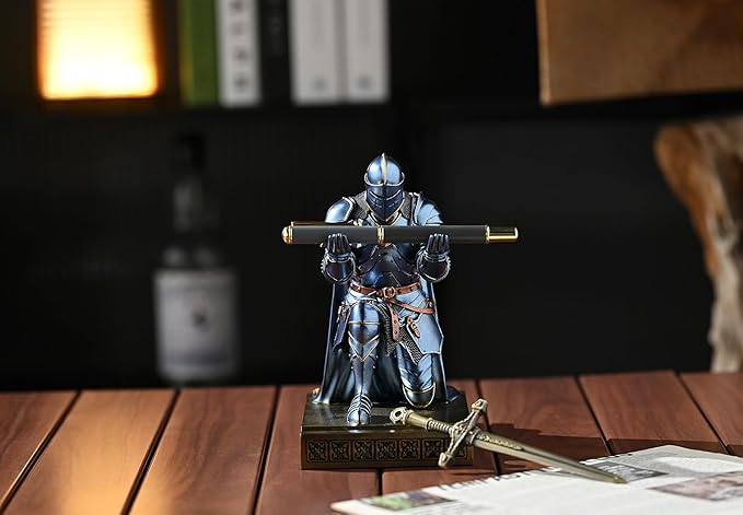 Amoysanli Medieval Armored Warrior Wearing Outerwear, Mobile Phone Stand Knight Pen Holder Desk Organizers, Resin Bookends Paperweight with a Letter Opener for Desk (Blue)