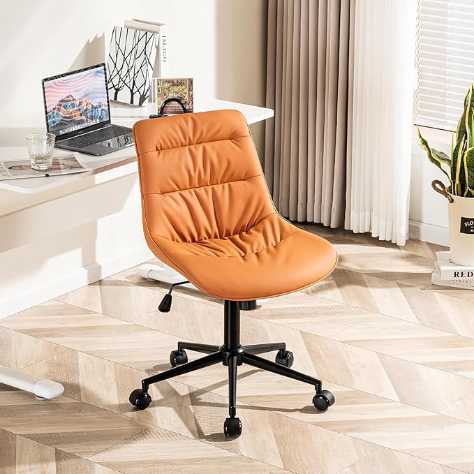 Kidol & Shellder Faux Leather Office Chair, Adjustable Swivel Height Task Chair, Rolling Wheels & Soft Backrest - Armless Ergonomic Desk Chair for Home, Office,Vanity,Gaming（Orange）