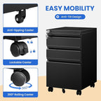 MIIIKO File Cabinet 3 Drawers on Wheels Under Desk, Black Metal Rolling File Cabinets with Lock for Home Office, Un-Assembled Filing Cabinet with Lock