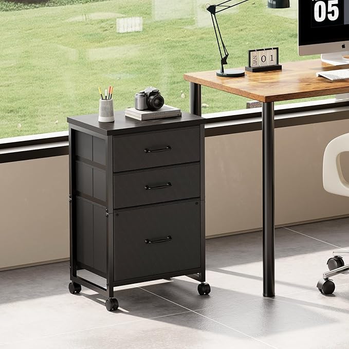 Maihail 3 Drawer Mobile File Cabinet with Wheels Fabric Vertical Filing Cabinet fits A4 or Letter Size for Home Office,Black