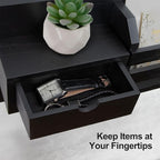 Lwenki Wall Mount Key Holder with Mail Organizer, 100% Paulownia Wood, 7 Metal Hooks, Storage Drawer, Entryway Home Decor (Black)