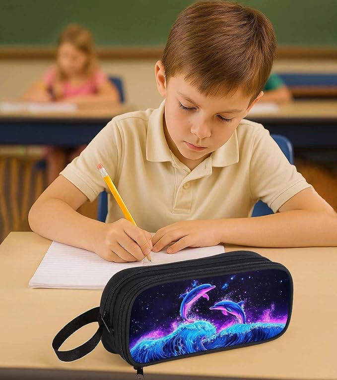 AnySmic Dolphin Pencil Case for Boys Girls, Large Durable Pencil Pouch for Kids, Polyester Big Capacity Pen Case, Double Zipper, Pen Box for Children Age 6+