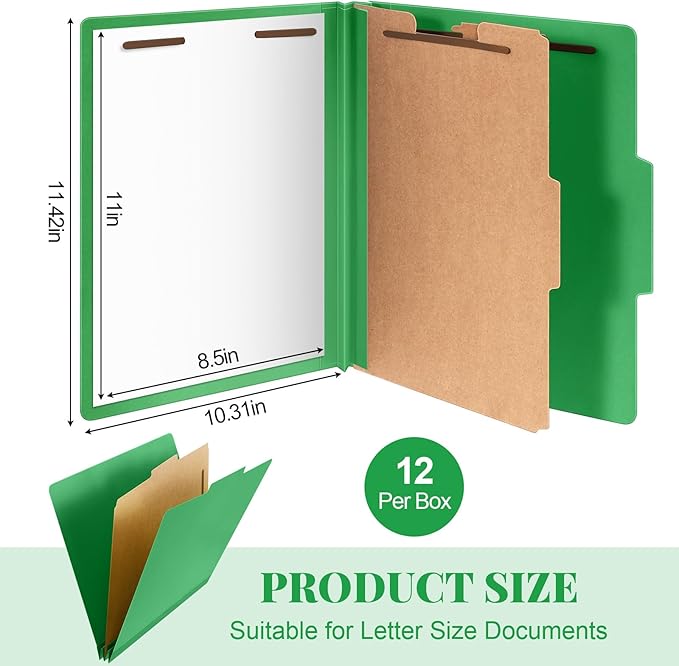 Skyygemm 12 Pcs Classification Folders Letter Size, 1 Divider Pressboard File Folder with Fasteners, Expanding File Organizer Bulk for School Teachers, Office Employee, Coworker, Staff (Green)