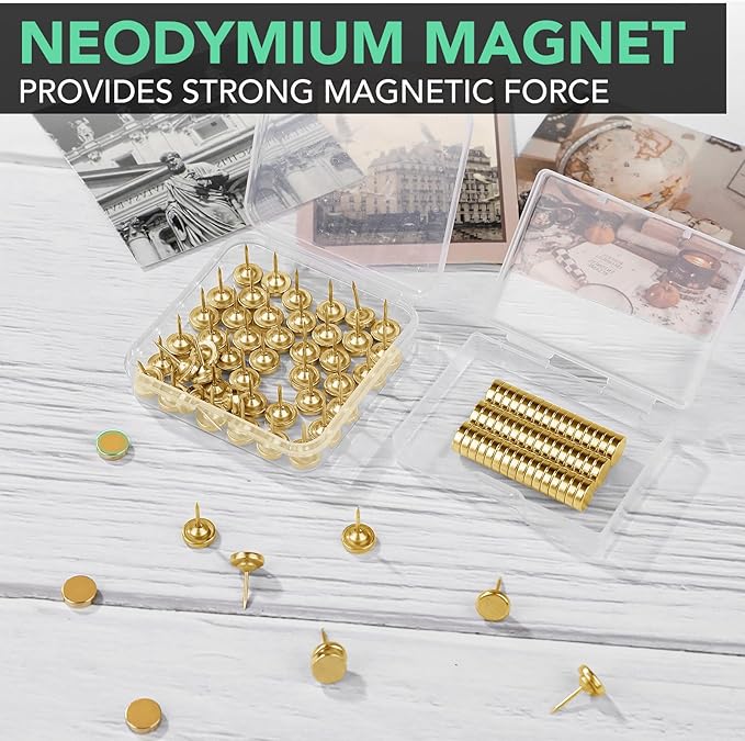E BAVITE 20 Set Magnetic Push Pins,Flat Push Pin, Magnetic Thumb Tacks for Wall Bulletin Board Poster and Photo Hangers (Gold)
