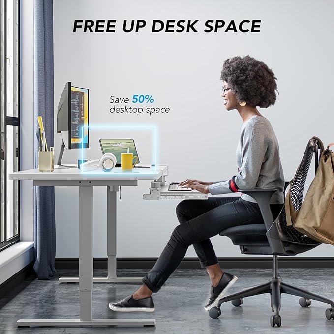 Keyboard Tray Under Desk Pull Out with Extra Sturdy C Clamp Mount System, 27.3 (32.5 inch Including Clamps) x 11 Inch Slide-Out Platform Computer Drawer for Typing White AX01WW01