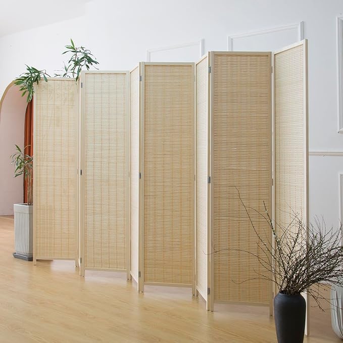 Furnnylane 8 Panel Room Divider and Folding Panel Screen,Bamboo Panel Divider Screen for Room Separation,Beige,67" H x 122.8" W