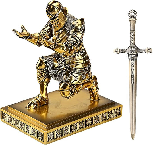 King's Guard Knight Pen Holder Pen Stand Desk Organizers and Accessories Resin Pencil Holder as Gift with a Metal Sword Letter Opener for Office and Home (Bronze(Plating))