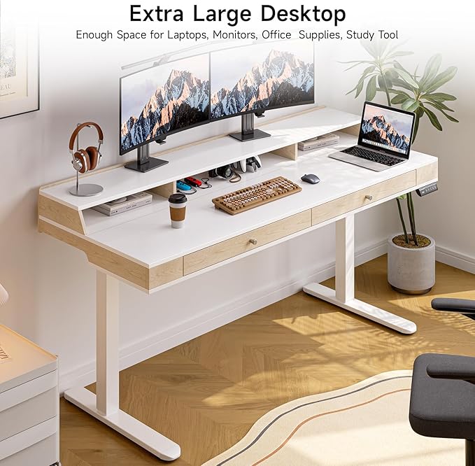 Standing Desk With Drawers, 55x23.6 Inch Electric Stand Up Workstation With Storage Shelf and Memory Controller, Adjustable Height 28-46 Inch for Computer, White