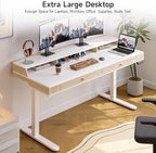 Standing Desk With Drawers, 55x23.6 Inch Electric Stand Up Workstation With Storage Shelf and Memory Controller, Adjustable Height 28-46 Inch for Computer, White