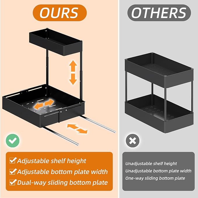 Henyol 2Packs Under Sink Organizer with Adjustable Height and Width, Under Cabinet Organizer to Tidy, Sturdy Metal Design for Kitchen and Bathroom