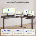 FLEXISPOT 63" L Shaped Standing Desk Electric Corner Table with Monitor Shelf, 4 Storage Drawers, Adjustable Computer Workstation for Home, Office, Game, Studio, Black Top + Black Frame