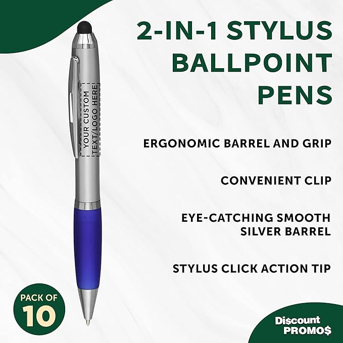 DISCOUNT PROMOS Custom Stylus Ballpoint Pens Set of 10, Personalized Bulk Pack - Black Ink, Great for Office, School, Business, Tradeshows, Events - Blue