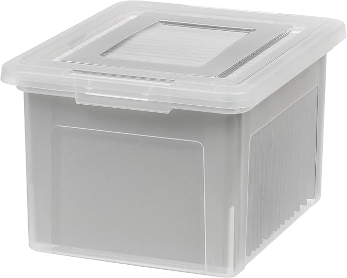 IRIS USA File Box, Plastic File Boxes With Lids, Document Organizer for Letter/Legal File, Document Box, Storage Bin For Hanging Files, Secure Latching Lid Stackable BPA-Free, Clear 35 Qt. 1 Pack