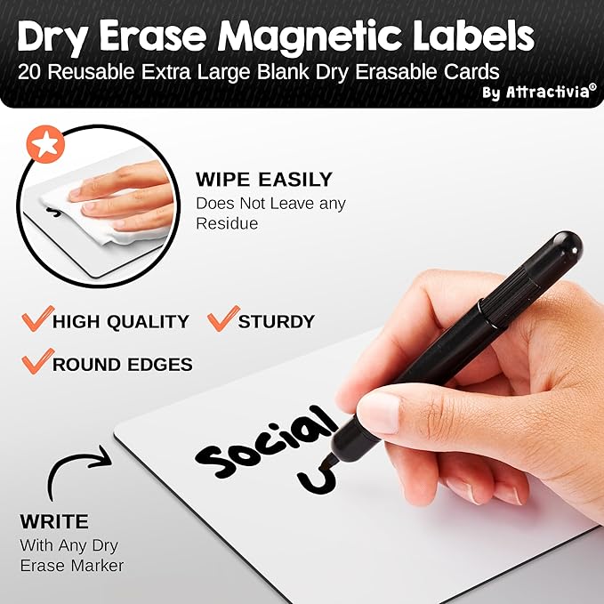 Dry Erase Magnetic Labels 7.3 x 5.6 in, Dry Erase Magnets, 20-Pack, White Erasable Write-On All-Purpose Labels, for Office, Education, Home, Whiteboard
