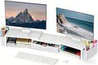 Spacrea Metal Desk Organizers and Accessories, Dual Monitor Stand Riser with Drawer and 2 Pen Holders, Desk Accessories & Workspace Desktop Organizers for Office Supplies (White)