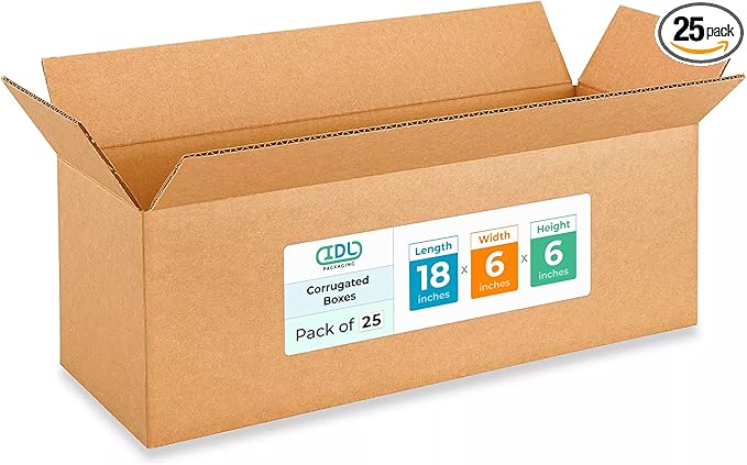 Long Moving & Shipping Boxes 18"L x 6"W x 6"H (25-Pack) - Extra Strength 200 lb vs Regular - Corrugated Boxes for Packaging Moving Stuff - Box for Packaging - Heavy Duty Box by IDL Packaging