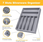 oridom Kitchen Bamboo Silverware Organizer, Kitchen Drawer Organizer - Utensil Holder and Cutlery Tray with Grooved Drawer Dividers for Flatware 7 Slot, Grey