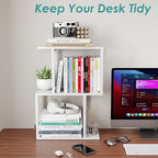 Vfelf Desktop Bookshelf Organizer, White 3-Tier Desk Shelf with Metal Hook Workspace Organizers for Desk Organization and Office Storage Table Bookcase