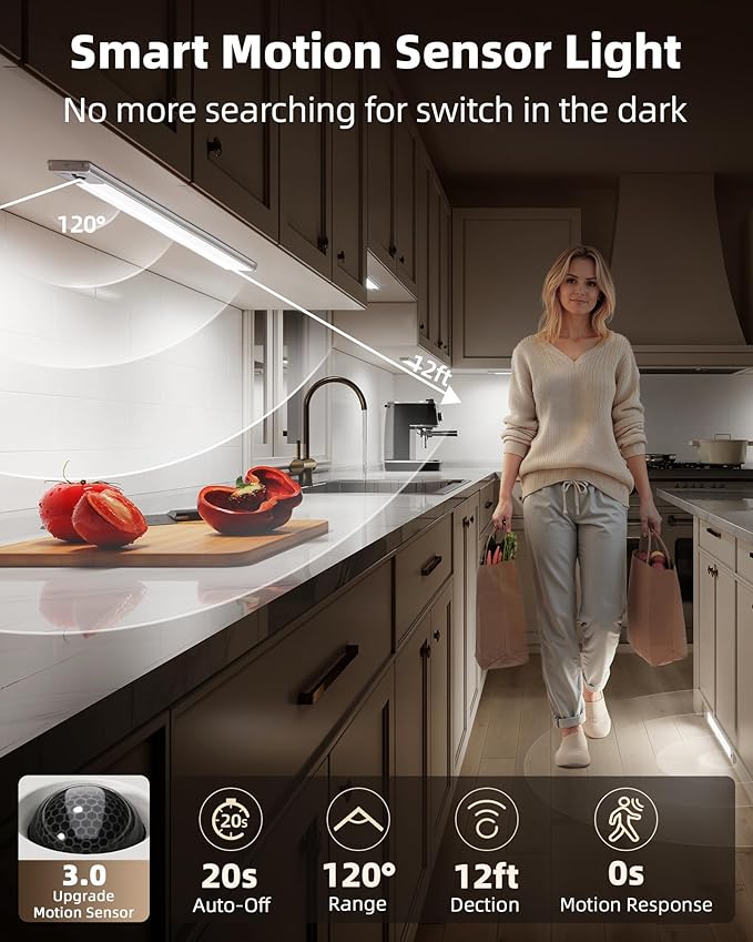 EZVALO 3 Pack Under Cabinet Lighting, 4000mAh Rechargeable Motion Sensor Light, 16inch Magnetic Closet Lights with Dimmable & 3 Color Temps, Wireless Motion Activated Lights with Remote for Kitchen