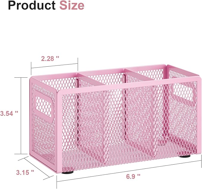 Marbrasse Mesh Pen Holder for Desk,Pencil Holder Desk Organizer 3 Adjustable Compartments,Pencil Cup with Handle Perfect for Classroom, Office, Home,Makeup,Art (Pink)