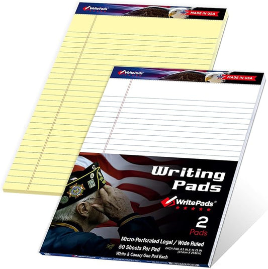 KAISA Legal Pads Letter Size Wide Ruled Writing Pads, 8.5x11 Legal Pad Note Pads 50 Sheets Per Pad,Ruled Paper Notepads, 20 lb Heavy Paper, Rigid Back, Veteran 2 Pads，BK-3098，Made In The USA