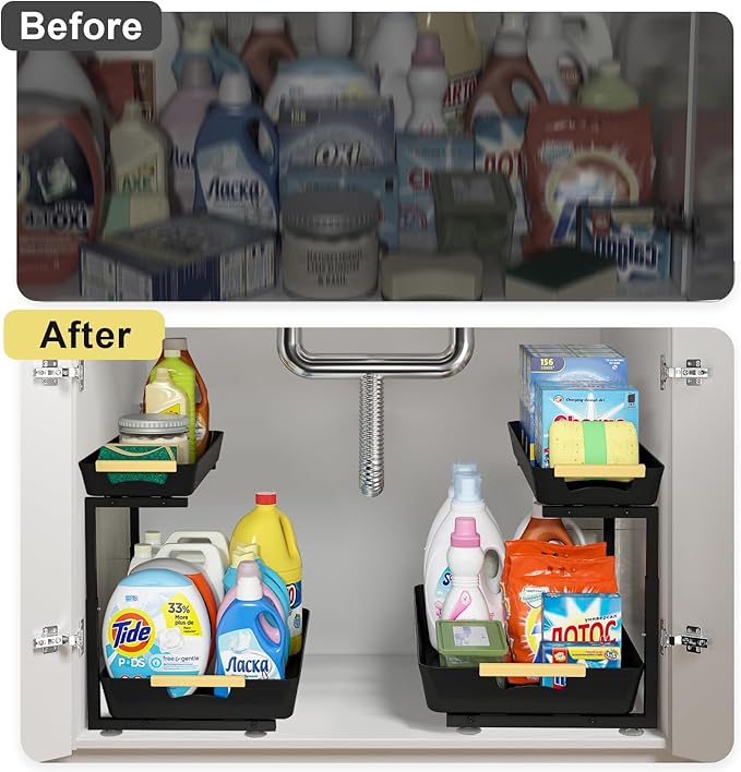 AMEDELE 2 Pack Under Sink Organizer,2 Tier Pull Out Adjustable Height Under Cabinet Storage,Under Sink Storage for Kitchen Bathroom Cabinet