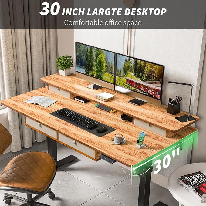 Kingant 63 x 30 Inch Electric Standing Desk with 4 Drawers, Adjustable Height Computer Desk for Home Office, Large Workstation Sit Stand Up Desk with Built-in USB A/C Ports, Light Rustic Brown