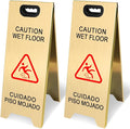 Kerty 2 Pack Stainless Steel Wet Floor Sign, 24 Inch Caution Wet Floor Sign Portable Foldable Bilingual Safety Warning for Hotel Market Restroom Restaurant Office (Gold)