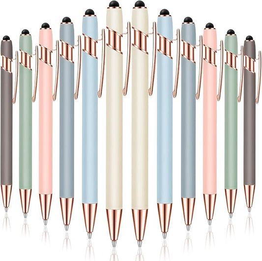 Tenare 12 Pieces 2 in 1 Stylus Metal Ballpoint Pen with Stylus Tip, 1.0 mm Black Ink Ballpoint Pen for Touch Screens(Morandi Color)