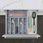 oridom Kitchen Bamboo Silverware Organizer, Kitchen Drawer Organizer - Utensil Holder and Cutlery Tray with Grooved Drawer Dividers for Flatware 7 Slot, Grey