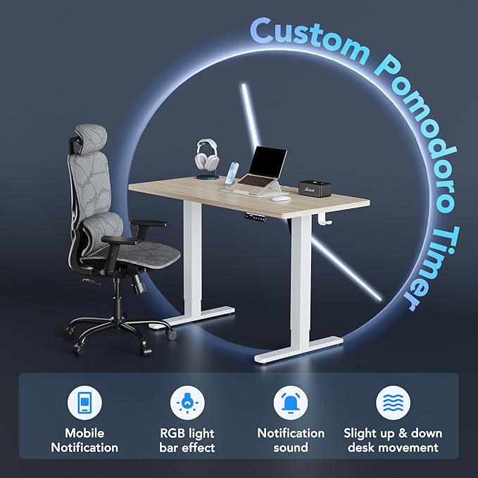HUANUO AI-Powered Electric Standing Desk with Smart APP, Compatible with Alexa & Google, Adjustable Height, 6 Memory Settings, Sedentary Reminder, Ergonomic Sit-Stand Desk, 55-inch, Light Walnut
