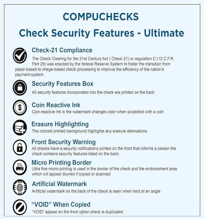 Compuchecks Check on Top Blank Check Paper - 250 Pack, Quick-Books & Laser Printer Compatible - Security Business Checks with Voucher - 8.5" x 11" Blue/Green Prismatic