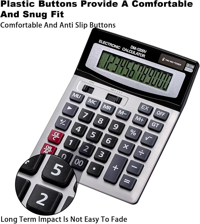 12 Digit Desktop Calculator with Large LCD Display and Sensitive Button, Dual Solar Power and Battery, Standard Function for Office (YE1200v)