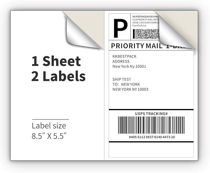 KKBESTPACK Half Sheet Shipping Labels for Laser and Inkjet Printers – 2 Per Page Self Adhesive Mailing Labels for Packages – White 8.5 x 5.5 Postage Labels for Shipping Boxes (500 Labels) (KK2LP)