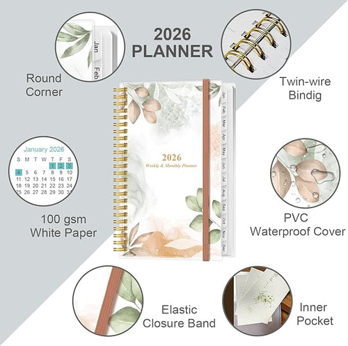 2026 Pocket Planner/Calendar - 2026 Planner from January 2026 - December 2026, Planner 2026 with 12 Tabs, Twin-Wire Binding, Inner Pocket, 3.75" x 6.75, Rose Leaf