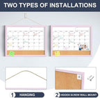 Dry Erase Calendar Cork Board Combo, 17x13 Inches Calendar Whiteboard for Wall, Small Magnetic White Board with Pink Wood Framed, Dry Erase Board for Planner Office Kitchen Home Memo