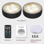 Battery Operated Puck Lights with Remote LED Under Cabinet Lighting Wireless Stick on Lights Color Changing Timer Tap Lights for Cabinets Shelves Closets Display Case - 2Pack Black