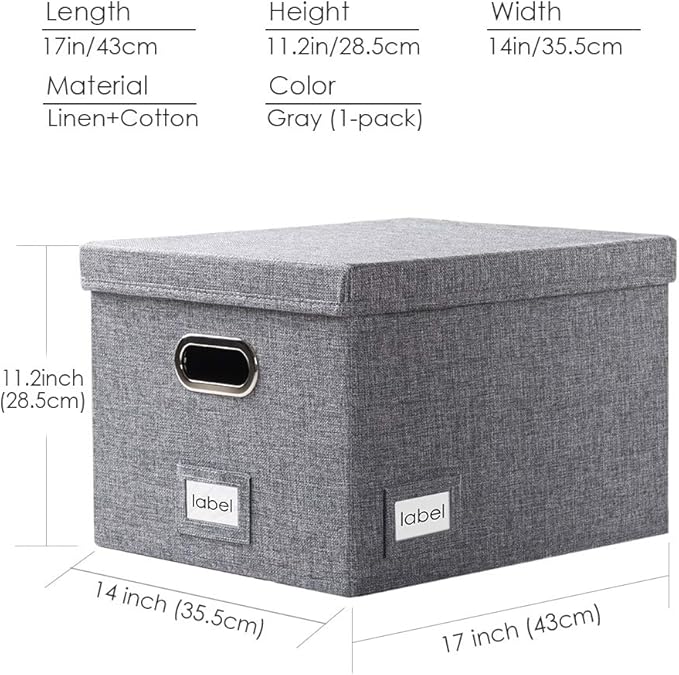 PRANDOM File Organizer Box - Set of 1 Collapsible Decorative Linen Filing Storage Hanging File Folders with Lids Office Cabinet Letter/Legal Size Grey (17x14x11.2 inch)
