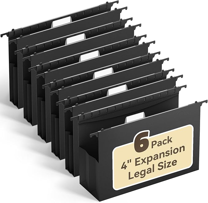 Ansook Extra Capacity Hanging File Folders Legal Size,Heavy Duty 4" Expansion, File Cabinet Folders with 1/5 Tabs,6 Pack Expandable File Folder Organizer,Hang Folder for File Frame & File Box