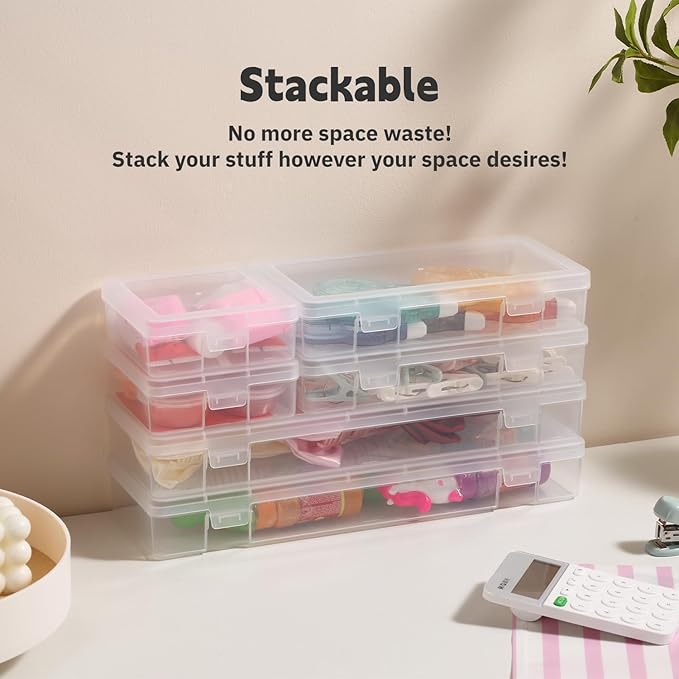 novelinks Stackable Plastic Clear Storage Box Containers with Latching Lid - Art Craft Supply Organizer Storage Containers for Pencil Box, Crayon, Beads (6 Pack Small + 6 Pack Medium -Clear)
