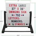 Excello Global Products Swinging Changable Message Sidewalk Sign: 37" x 36" Sign with 792 Pre-Cut Double Sided Letters and Storage Box. Includes Black Sign Board & 4 Liquid Chalkboard & Letter Board