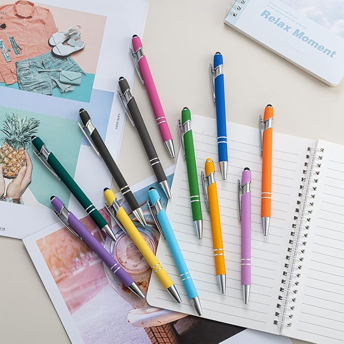 PASISIBICK 12 Pieces Ballpoint Pen with Stylus Tip, Metal, 2 in 1 Stylus Ballpoint Pen 1.0 mm Black Ink (Pack of 12) for Smartphone, Tablet